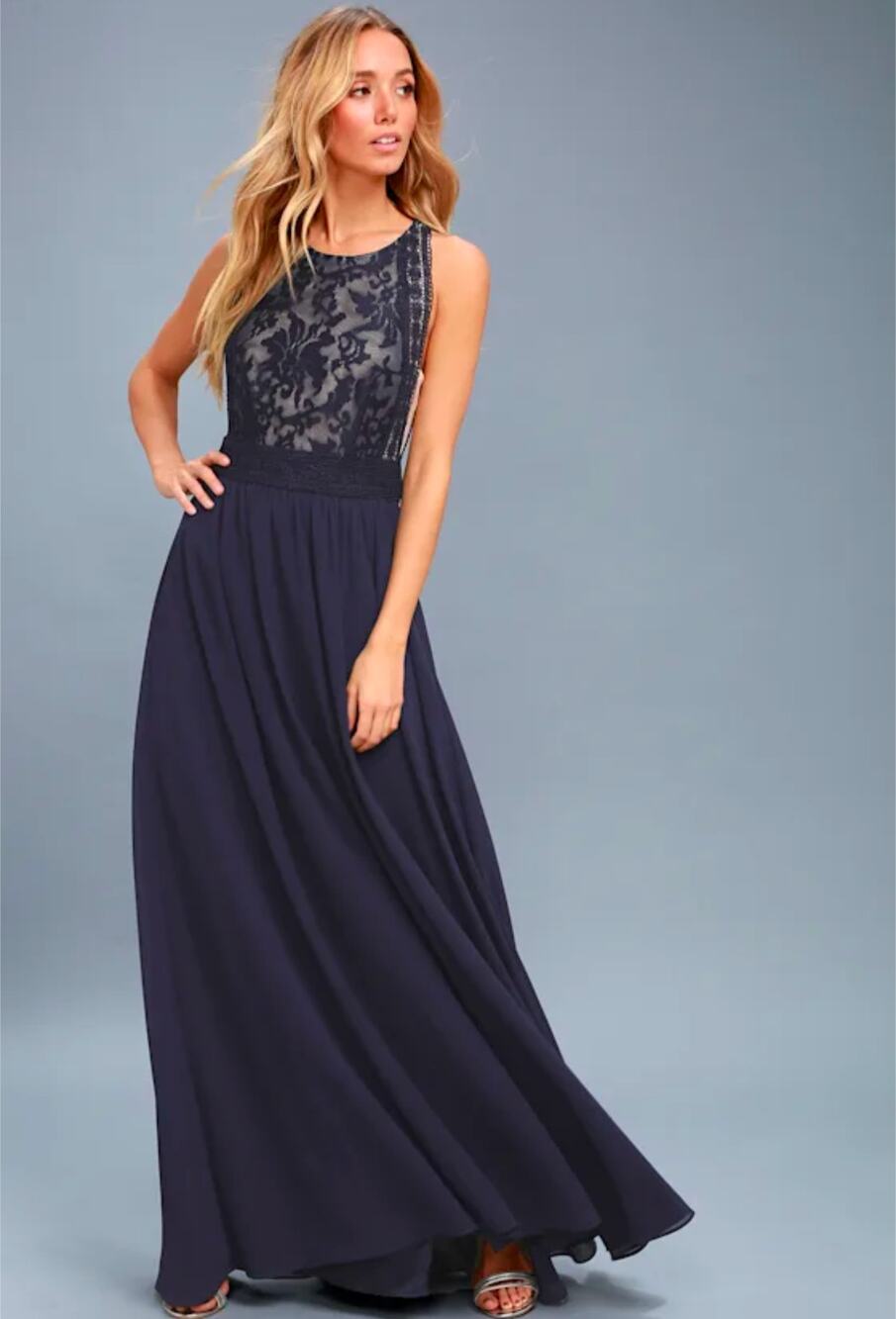 Lulus Forever and Always Navy Blue Lace Maxi Long Dress
